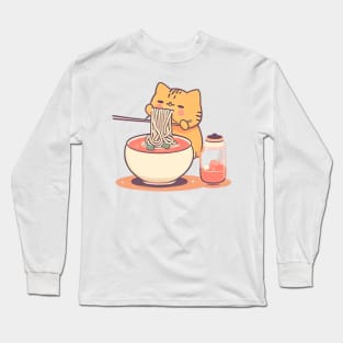 kawaii Cat Eating Spaghetti cat lover Long Sleeve T-Shirt